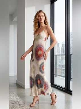Club Monaco 100% Silk Slip Dress, Size 00,  Cream with Colorful Abstract Print.